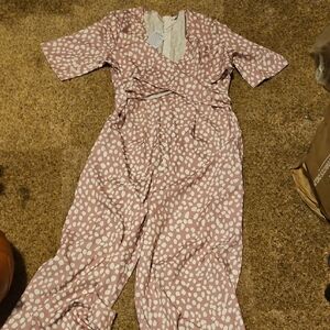 Pink Patterned Jumpsuit Zip Up With Pockets.